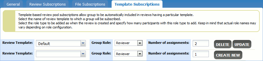 The Tempalte Subscriptions screen The Template Subscriptions screen