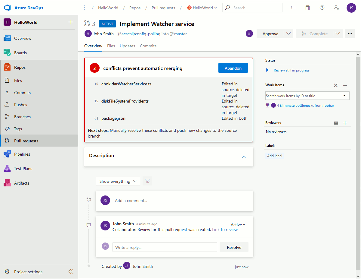 An example of pull request in a Azure DevOps Git repository An example of pull request in a Azure DevOps Git repository