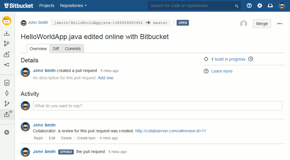 An example of pull request in a Bitbucket Server repository An example of pull request in a Bitbucket Server repository
