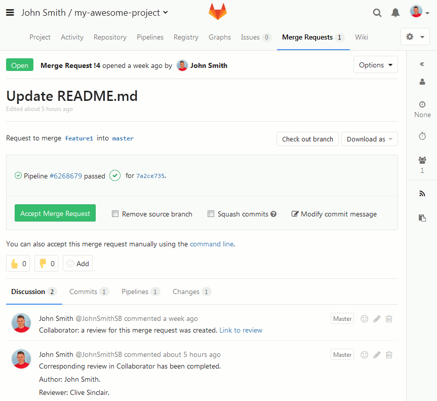 An example of merge request in a GitLab repository An example of merge request in a GitLab repository