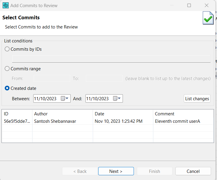 The Add Commits dialog