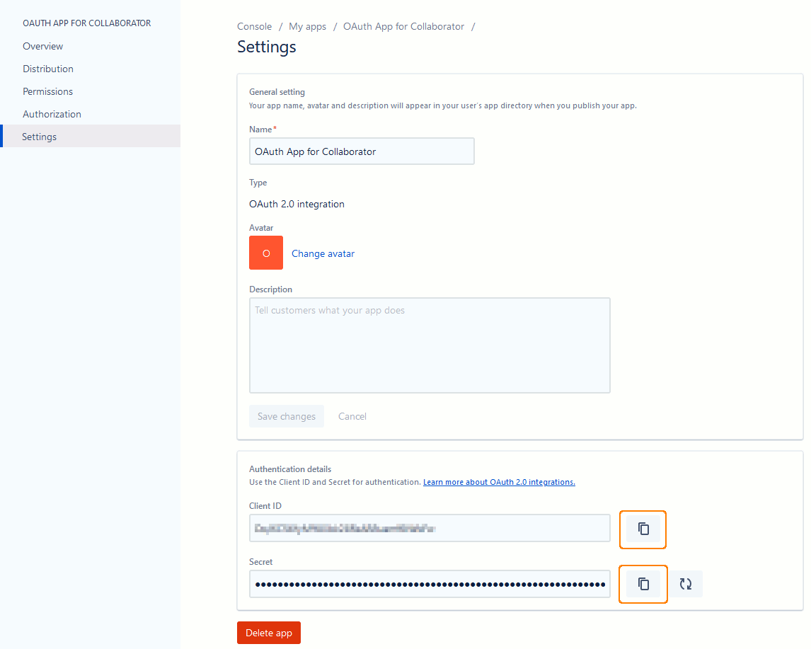 OAuth application settings