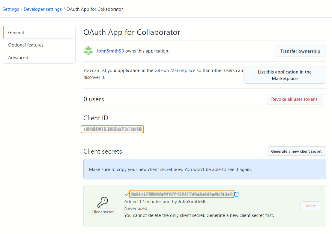 OAuth application settings