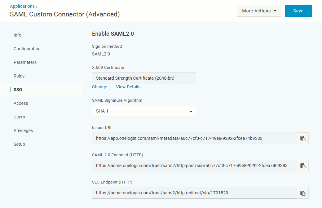 The application SSO section in OneLogin The application SSO section in OneLogin