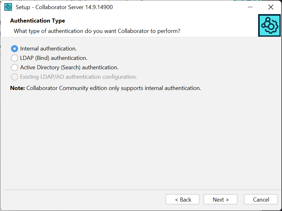 Installation wizard: The authentication configuration screen
