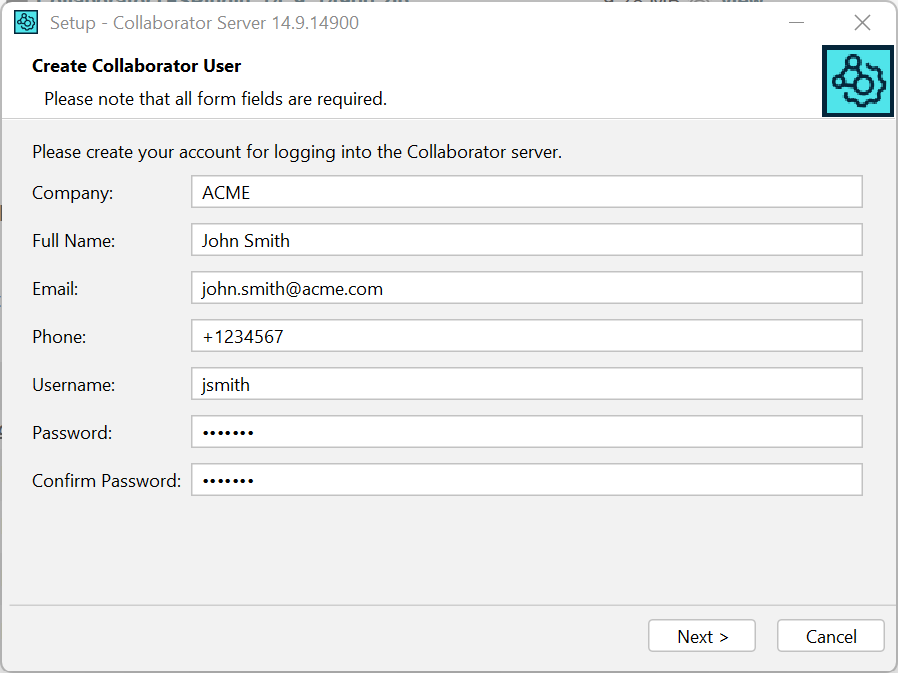 Installation wizard: Creating a user