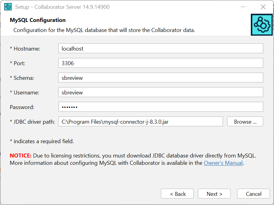Installation wizard: The database connection configuration screen