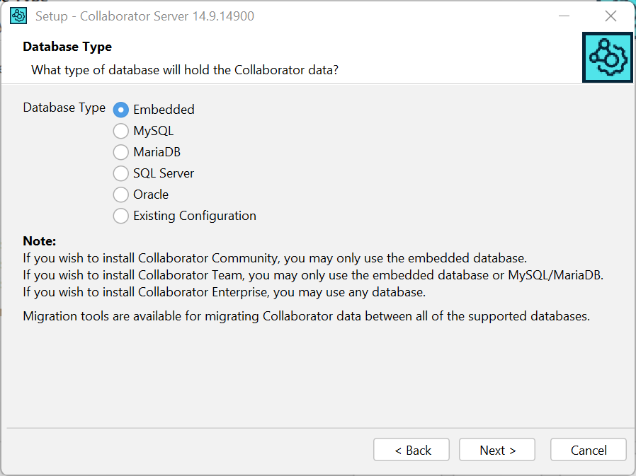 Installation wizard: The database selection screen