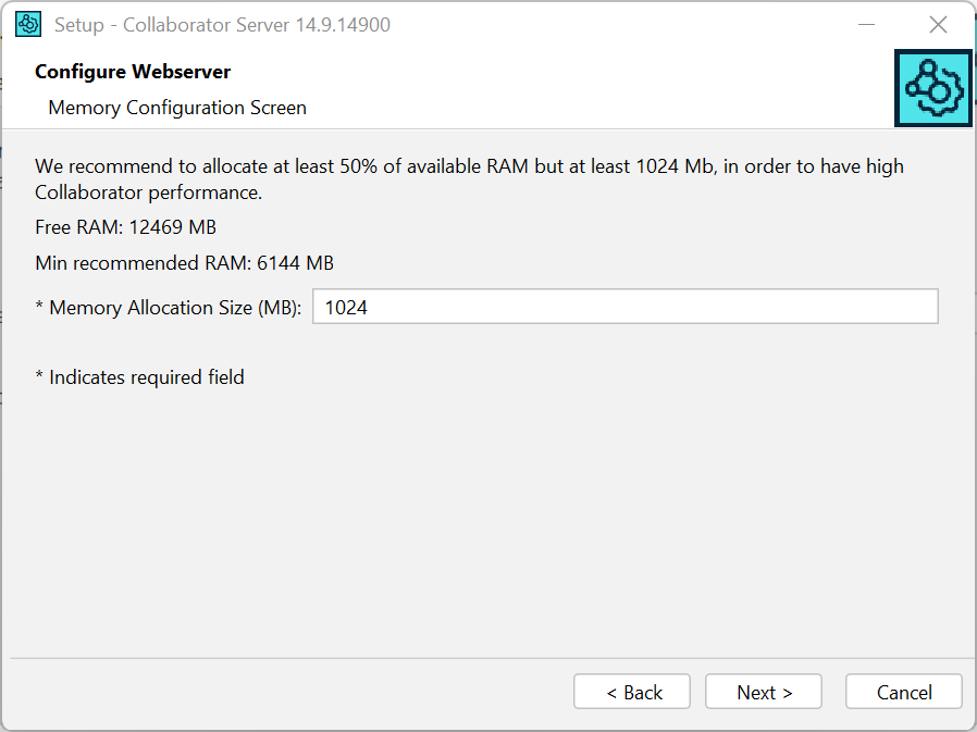 Installation wizard: The memory configuration screen