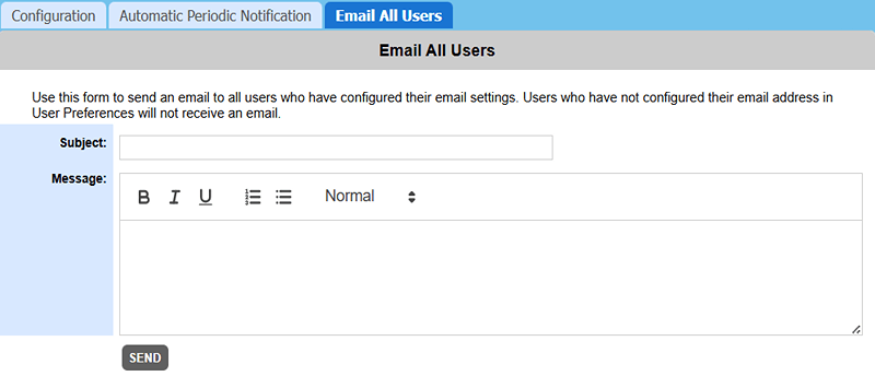 The Email All Users screen The Email All Users screen