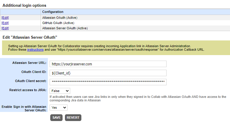 The Atlassian Server OAuth settings page The Atlassian Server OAuth settings page