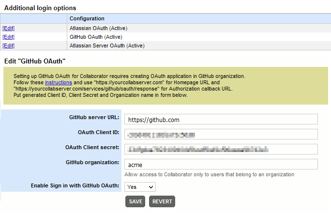 The GitHub OAuth settings page The GitHub OAuth settings page
