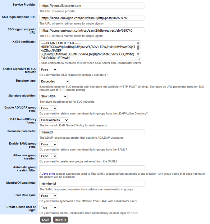 The SAML settings page The SAML settings page