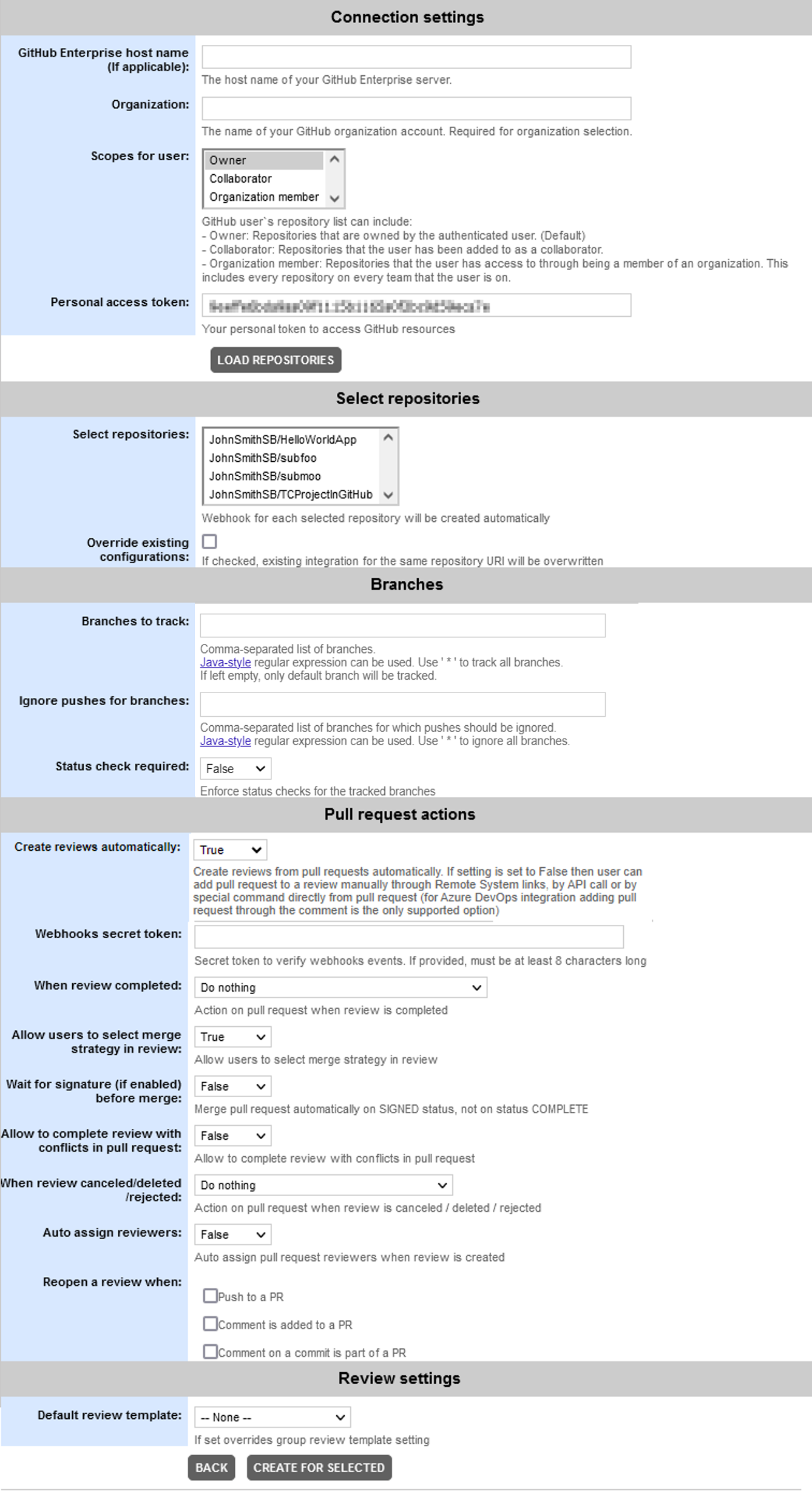 Integration with GitHub: Settings Integration with GitHub: Settings