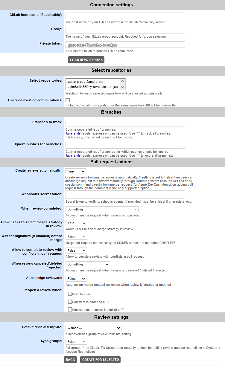 Integration with GitLab: Settings Integration with GitLab: Settings