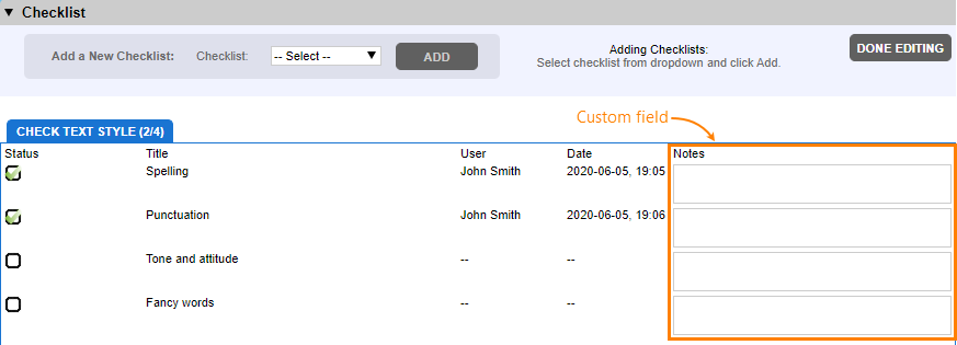 Custom fields in a checklist Custom fields in a checklist