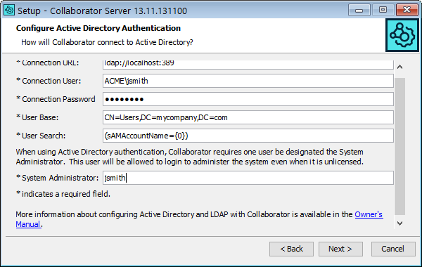 The Configure Active Directory Authentication wizard page The Configure Active Directory Authentication wizard page