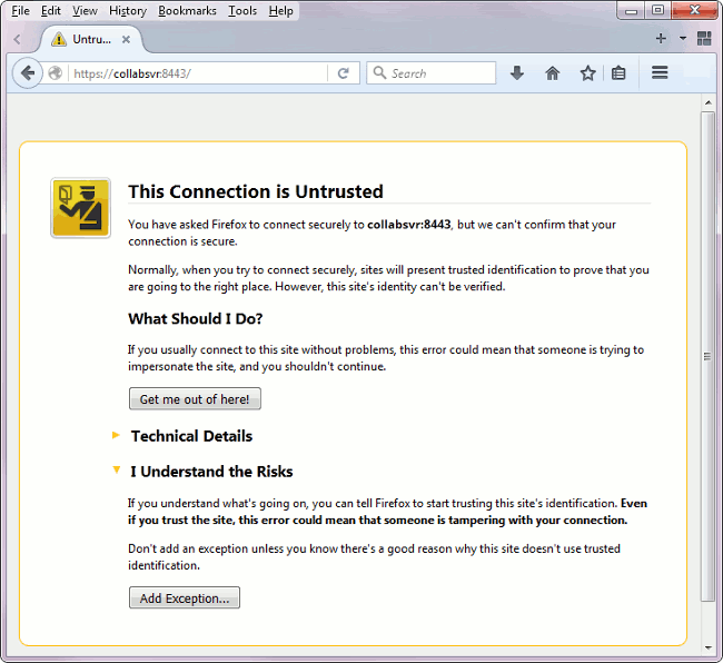 The certificate confirmation dialog in Firefox The certificate confirmation dialog in Firefox