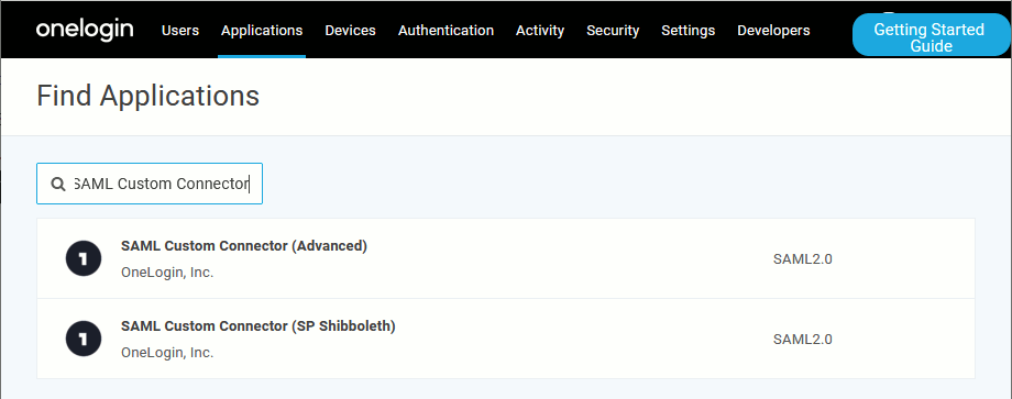 The Add App screen in OneLogin The Add App screen in OneLogin