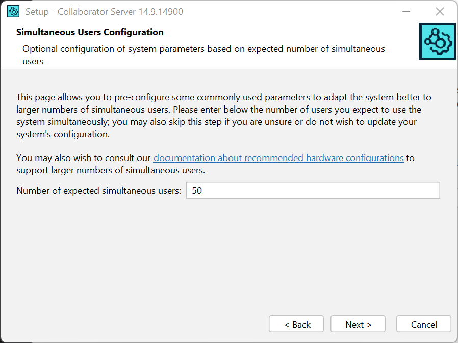 Installation wizard: The simultaneous users configuration screen Installation wizard: The simultaneous users configuration screen