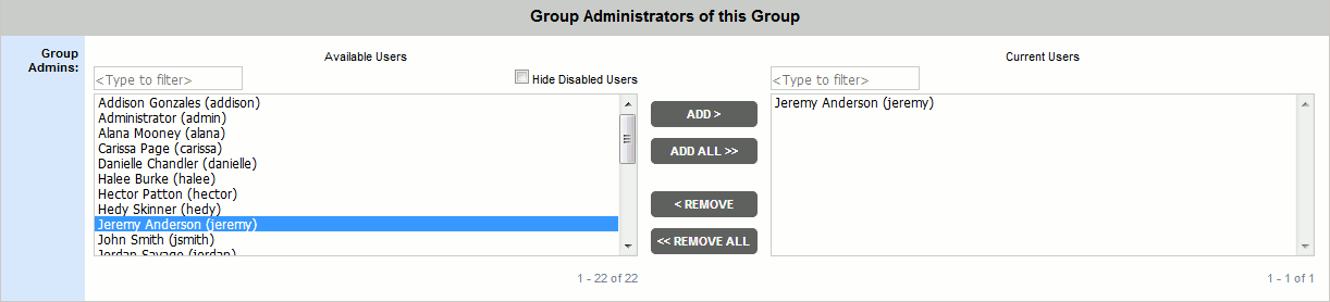 The Group Administrators list The Group Administrators list