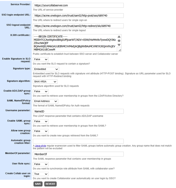The SAML settings page The SAML settings page