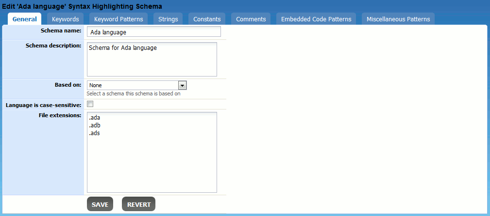 Schema editor: The General tab Schema editor: The General tab