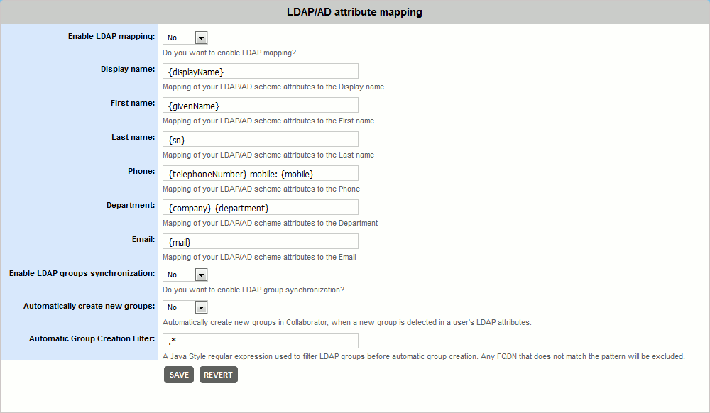 The LDAP Attribute Mapping form The LDAP Attribute Mapping form