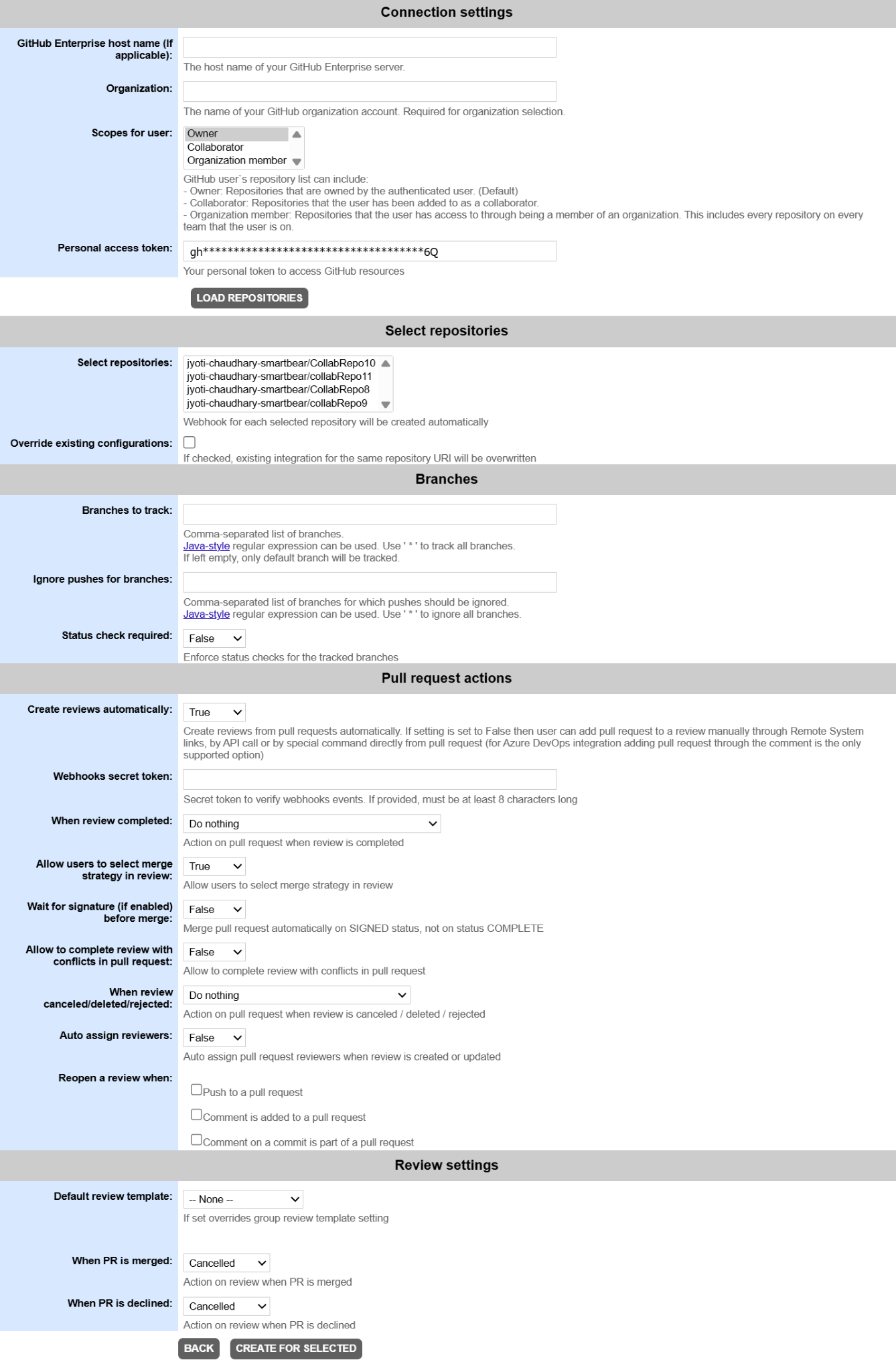 Integration with GitHub: Settings Integration with GitHub: Settings
