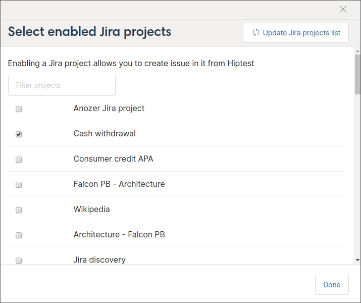 Select enabled Jira projects with CucumberStudio