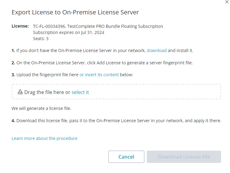The Export License dialog
