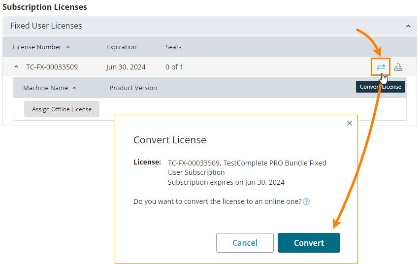Converting an offline Fixed User license to an online license