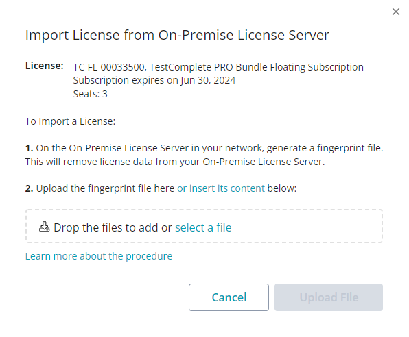 The Import License dialog