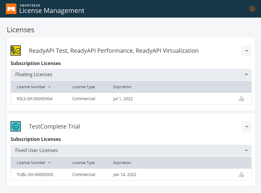 License Management Screen for Users