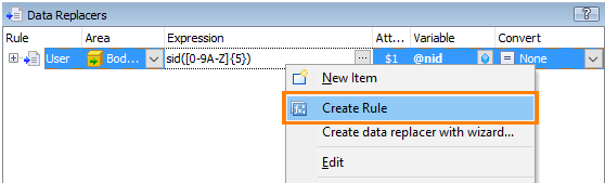The new 'Create Rule' menu item in the Data Replacers panel