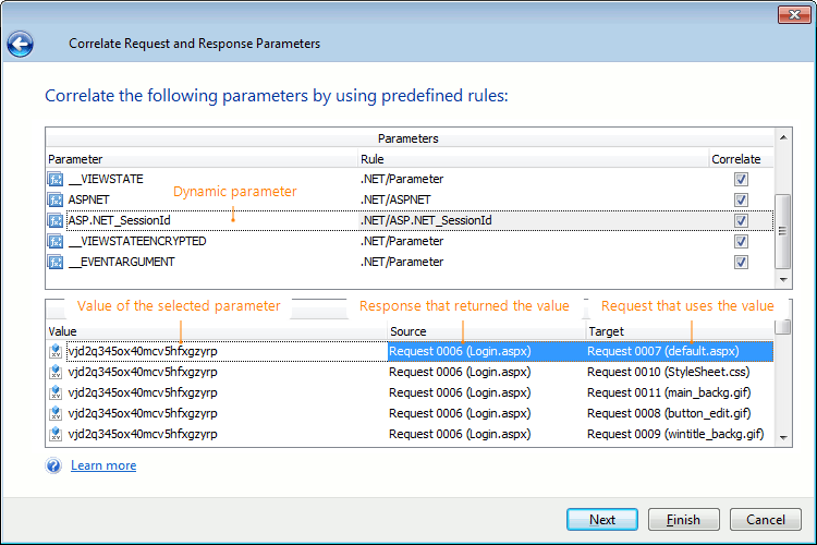 Values of correlated dynamic parameters in the Correlate Request and Responses wizard