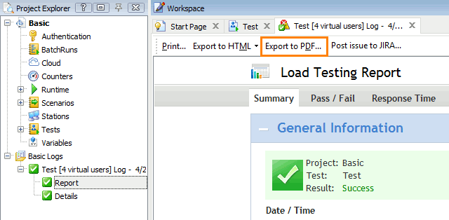 Export the Report test log to PDF