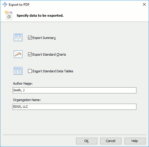 Export to PDF dialog called when configuring export settings for a load test