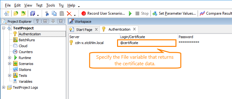Specify the variable that stores the certificate data
