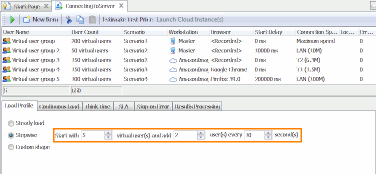 Stepwise Load Profile Settings. This image was captured using LoadComplete Pro.