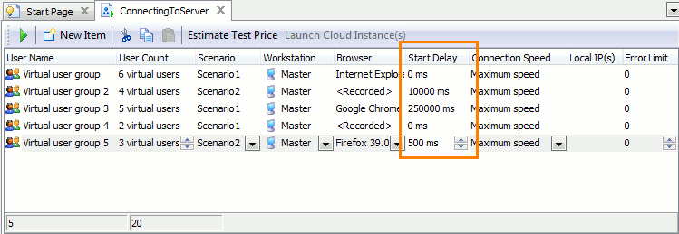 Specifying different start delays