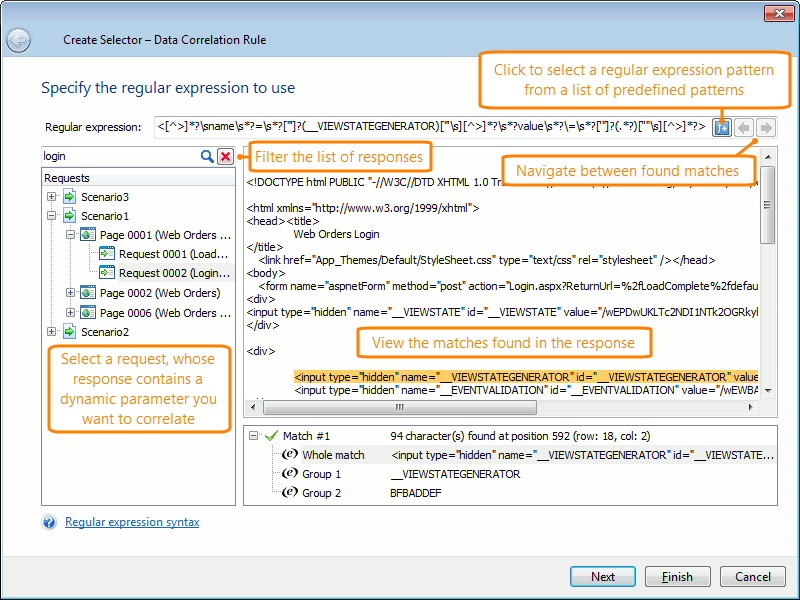Specifying a search pattern for a dynamic parameter in the Create Selector wizard