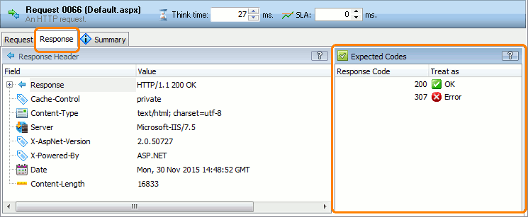 Expected Codes Panel in the Request Operation Editor
