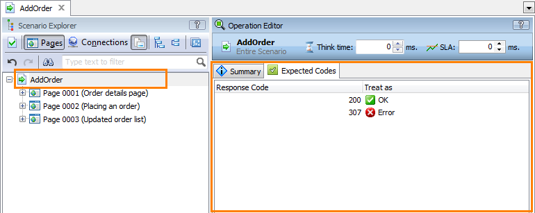Expected Codes Panel in the Scenario Operation Editor