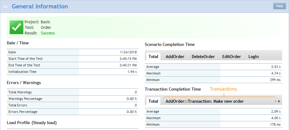 Load testing with LoadComplete: Transaction completion times in the Summary report