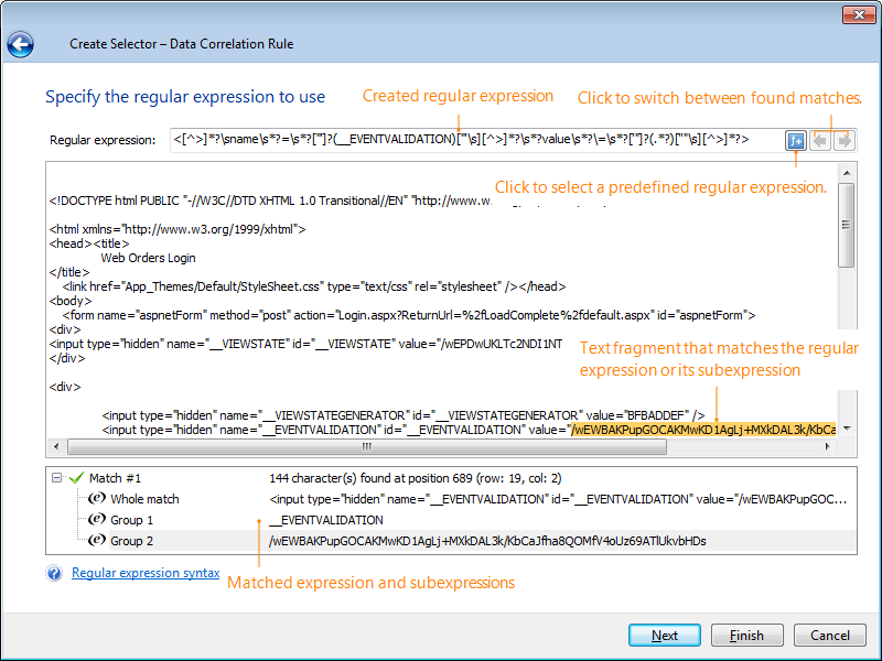Verifying the created regular expression in the Create Data Selector Wizard
