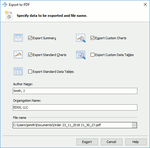 Export to PDF dialog called when exporting an existing Report test log
