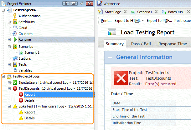 Load testing with LoadComplete: Test results in the test log