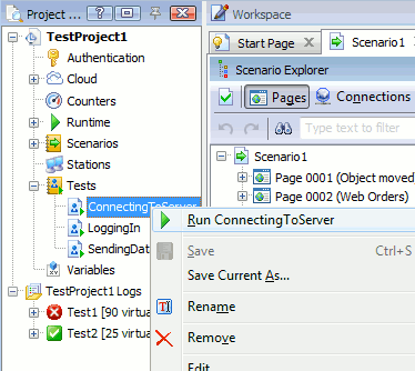 Running a test from the Project Explorer panel
