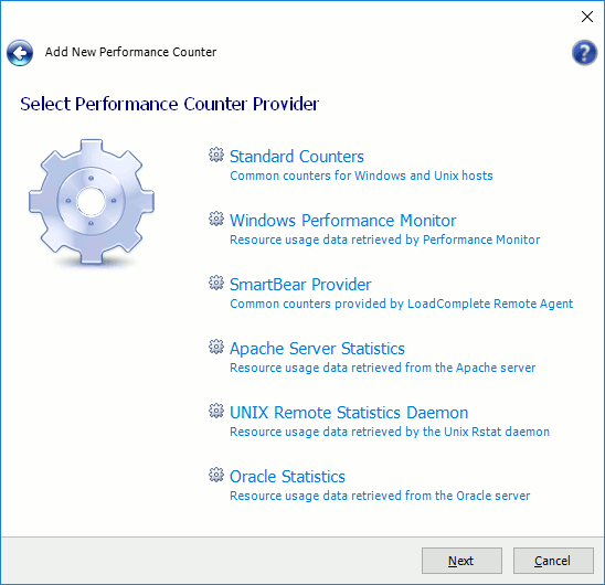 Monitoring server performance in LoadComplete: Select a parformance data provider